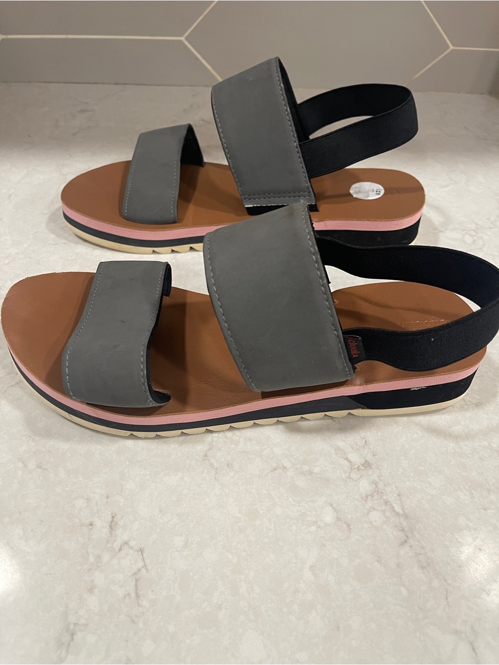 chooka Gray Green and Brown Two-Strap Slingback Sandals, Boho, Soft, Summer - Picture 2 of 5